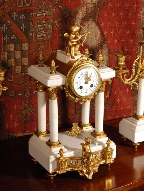 fig 2. **** SOLD **** Gilt Mounted White Marble Portico Clock Set ~ A D Mougin ~